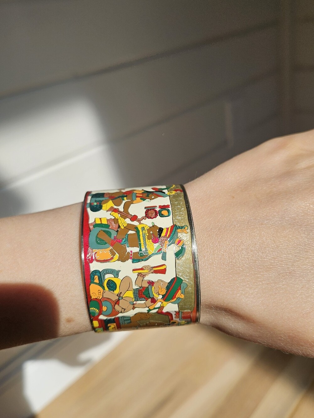 Vintage Signed Fernando Grabador Fired Enamel Abstract Designs Cuff Bracelet